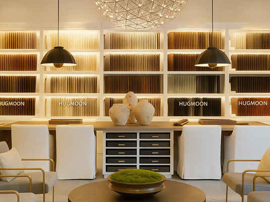 Modern showroom with fabric curtain samples, elegant seating, and warm lighting