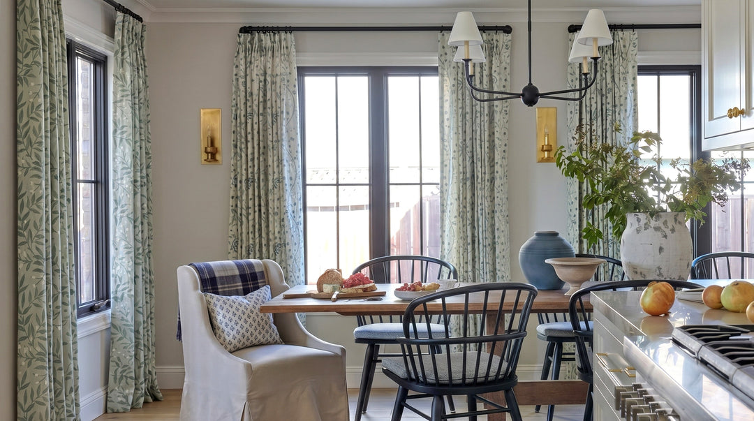 Trouser break style modern farmhouse curtains with a casual one inch pooling on the floor.