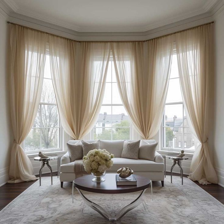 Elegant living room with sheer beige curtains, large bay windows, modern sofa and round coffee table