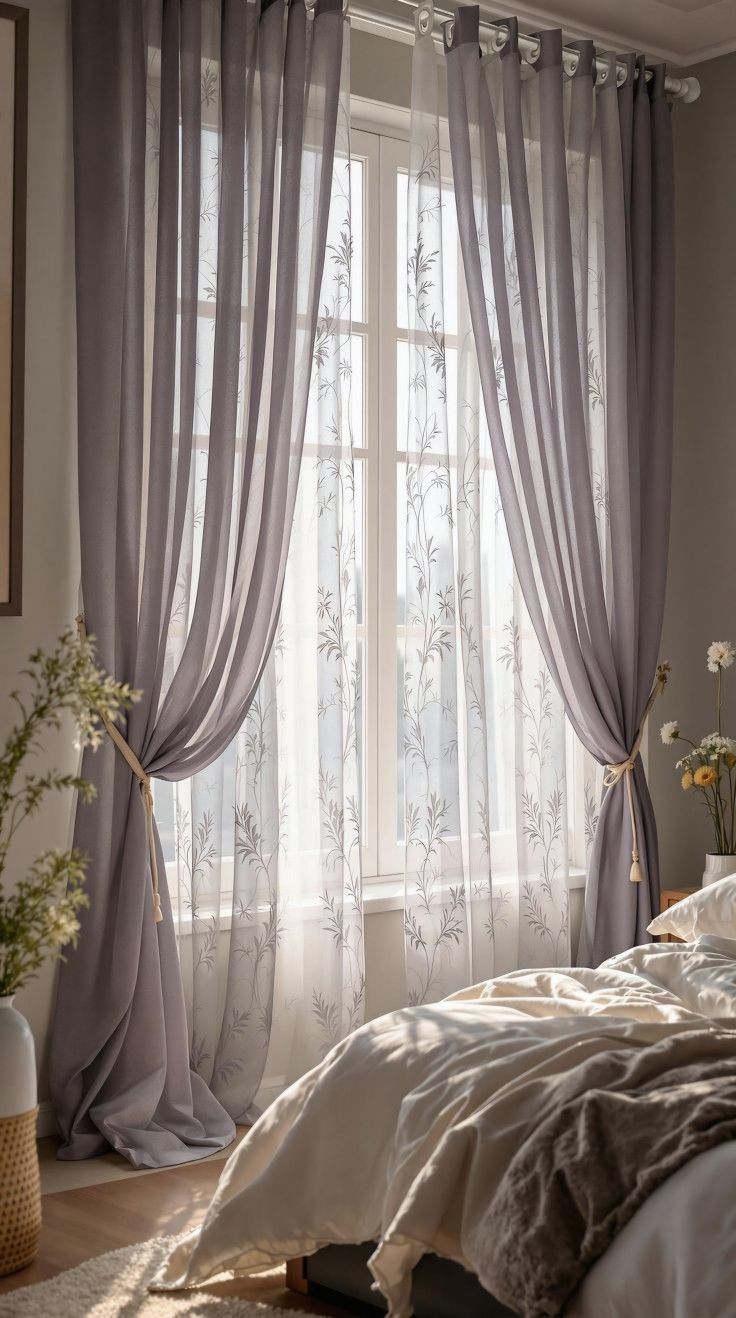 Bedroom window with sheer floral curtains and blackout lavender drapes, cozy sunlight setting