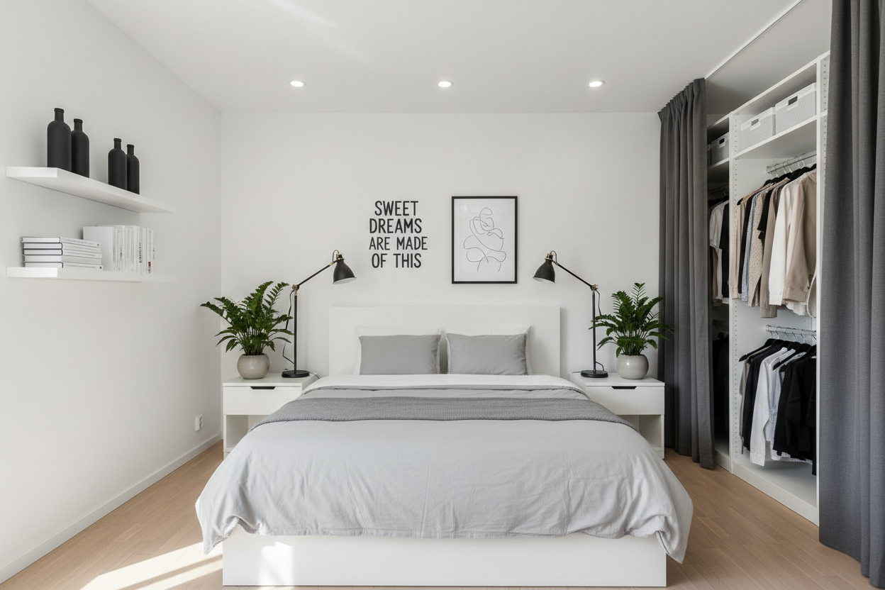 Modern bedroom with grey blackout curtains, open closet, and minimalist decor
