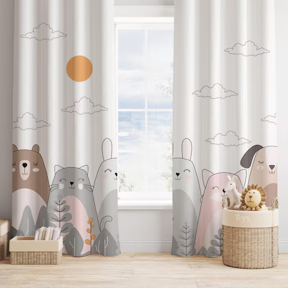 Bright kids’ bedroom with colorful kids blackout curtains blocking light