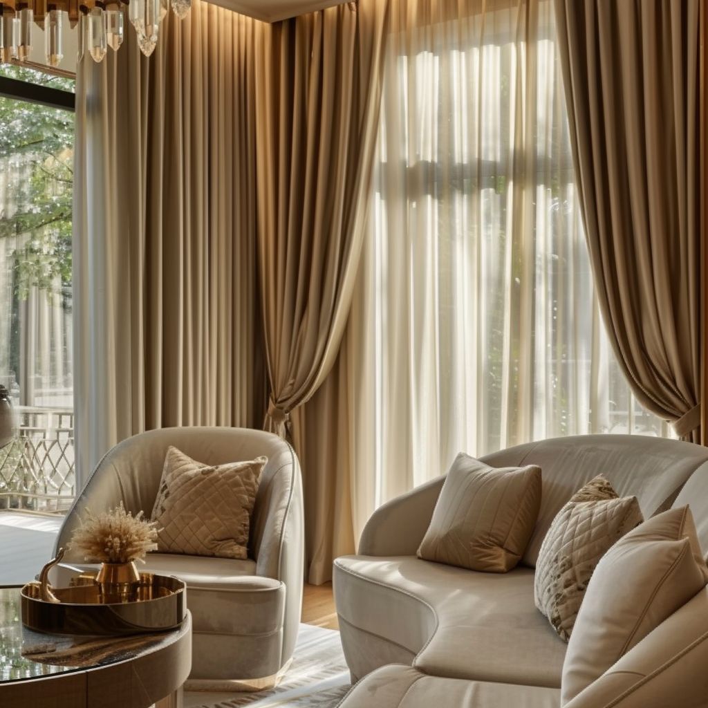 Luxurious designer curtains framing large windows in a modern living room