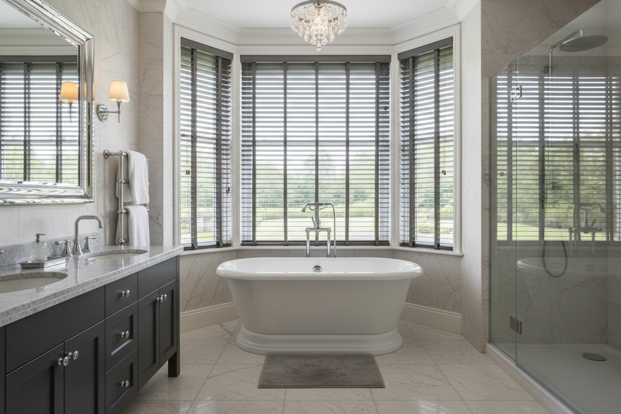 Modern bathroom with freestanding tub, large windows with blinds, and glass shower enclosure