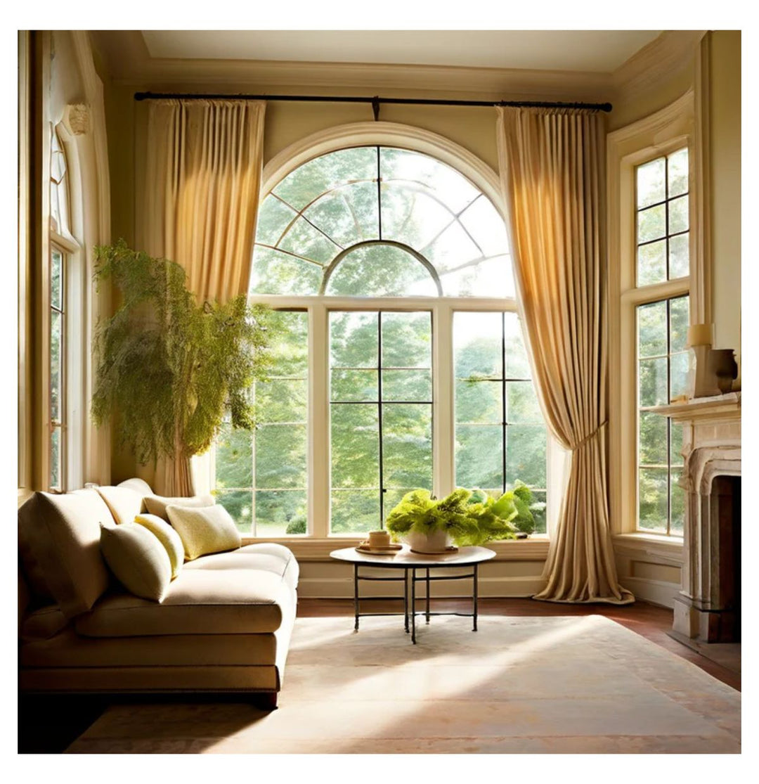 Elegant living room with arched window, beige blackout curtains, modern sofa, and indoor plants