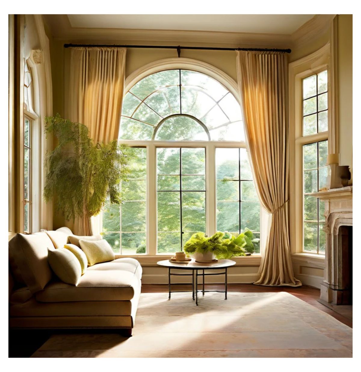 Elegant living room with arched window, beige blackout curtains, modern sofa, and indoor plants