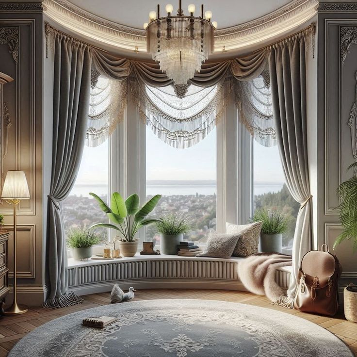 Elegant bay window with luxurious curtain tracks, blackout drapes, chandelier, and cozy seat