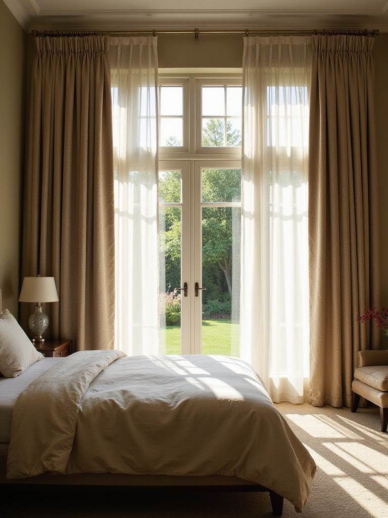 Cozy bedroom with a stylish curtain framing the window