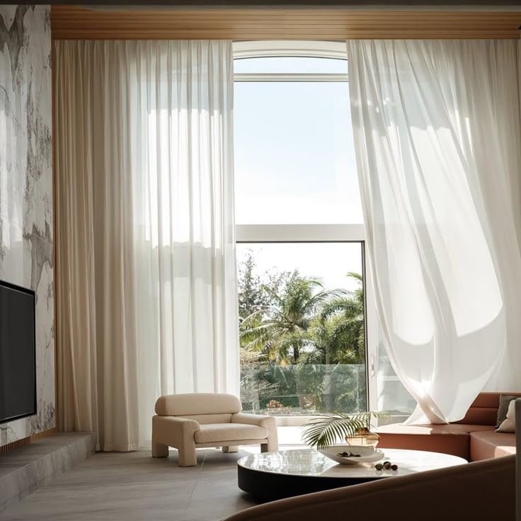 modern living room with sleek automated window curtains opening automatically