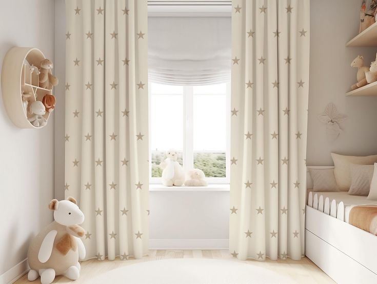 Nursery room with star-patterned blackout curtains, plush toys, and soft neutral decor