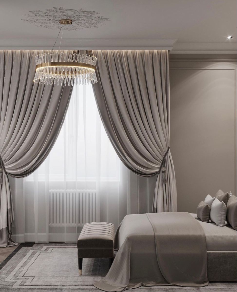 grey with white curtains hanging in a bright modern living room with natural light and minimalist decor