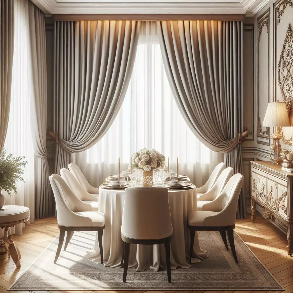 Elegant dining room with luxurious blackout curtains, round table, and classic decor
