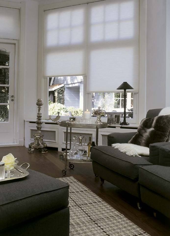 Modern living room with blackout cellular shades, grey sofas, and natural light filtering in.