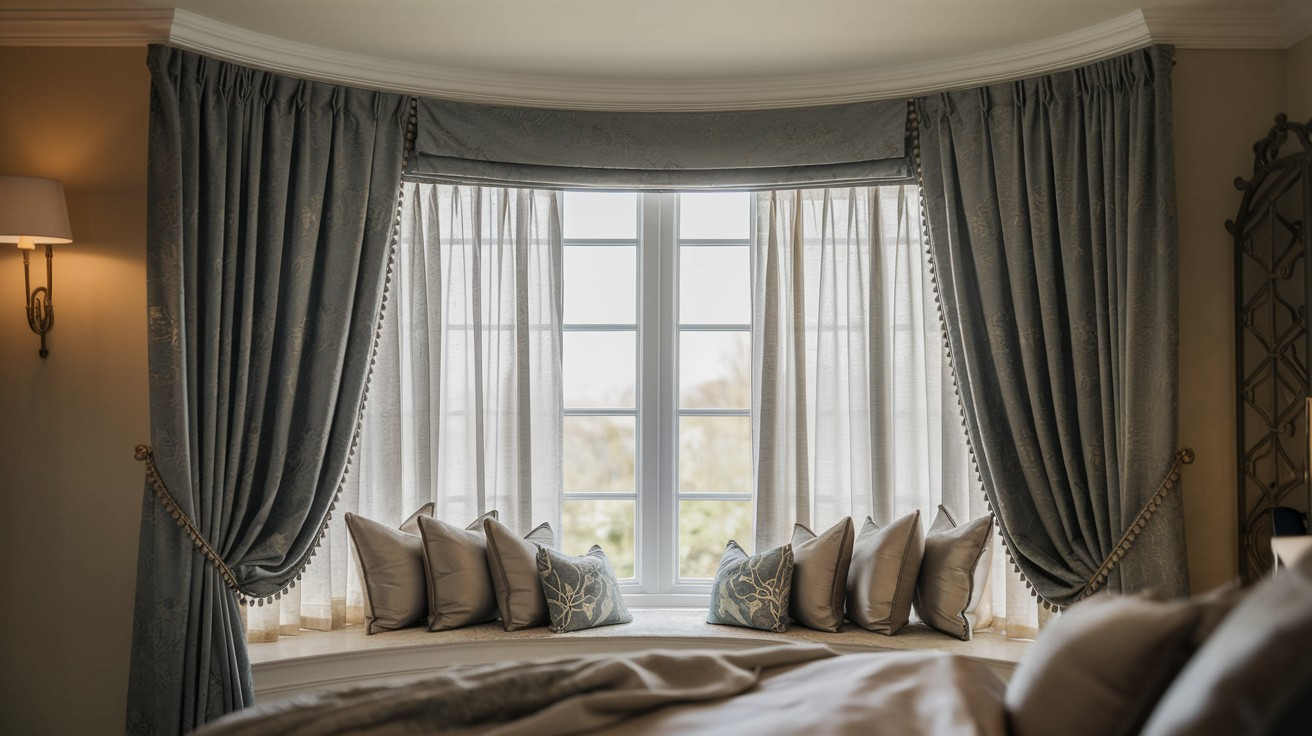 curtain blocking light in a darkened bedroom interior