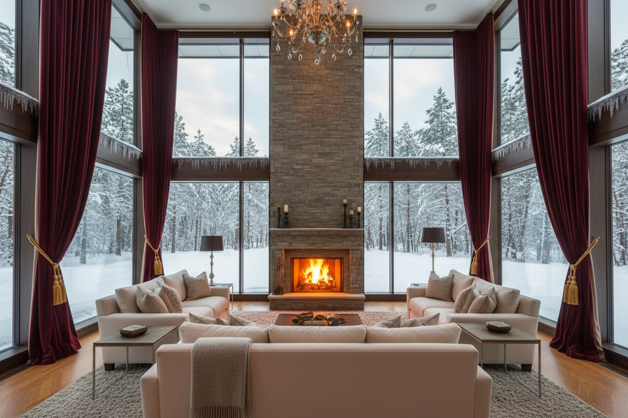 Luxury living room with tall thermal blackout curtains, fireplace, and panoramic snowy windows.