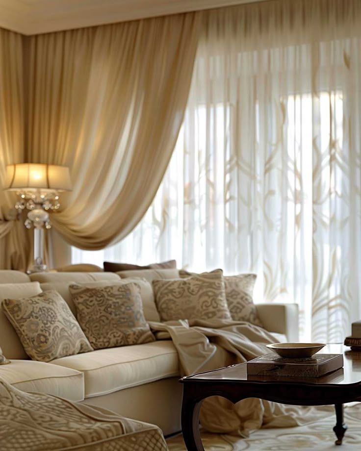 Elegant living room with beige blackout curtains, sheer drapes, and patterned cushions.