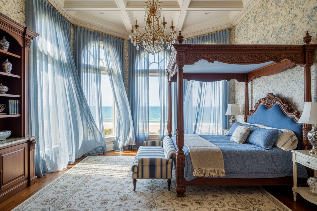 Elegant bedroom with sheer blue curtains, ocean view, and ornate wooden canopy bed