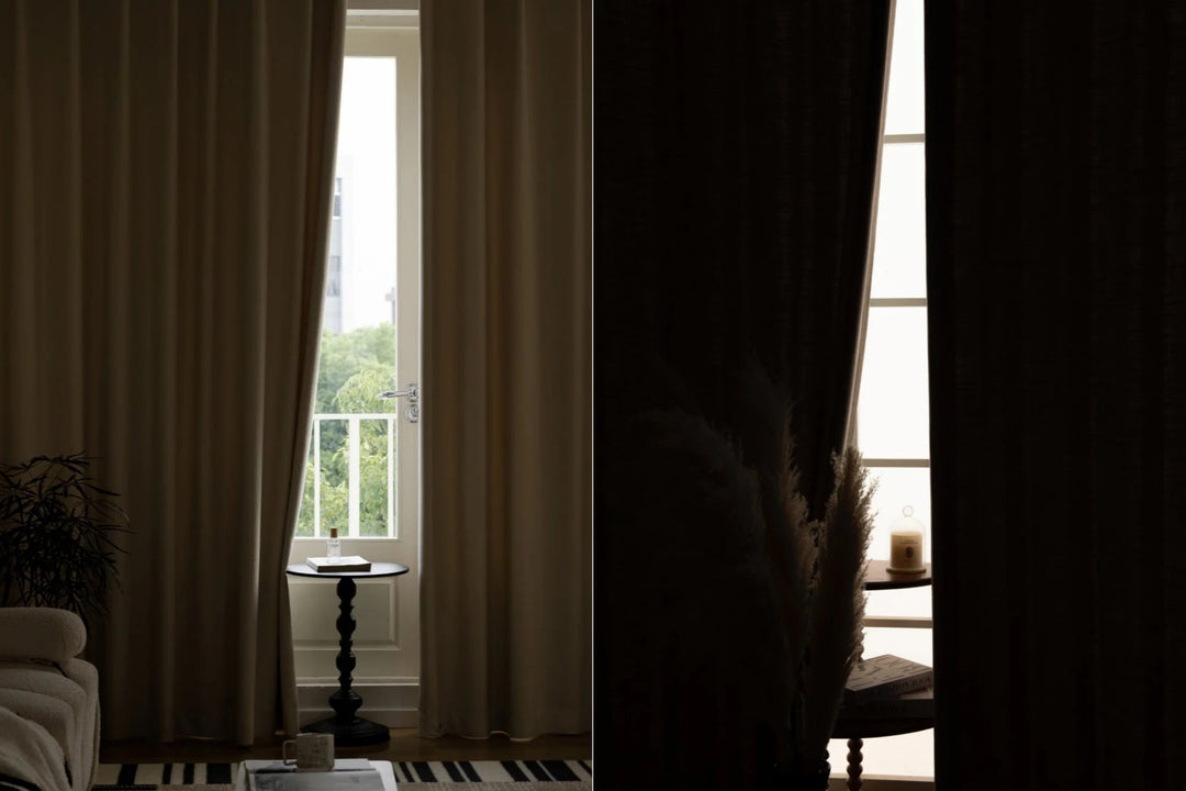 Side-by-side comparison of sheer and blackout curtains on a window in a modern living room.