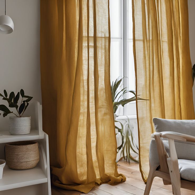 Light-filtering mustard yellow curtains on window in cozy living room with houseplants and modern furniture