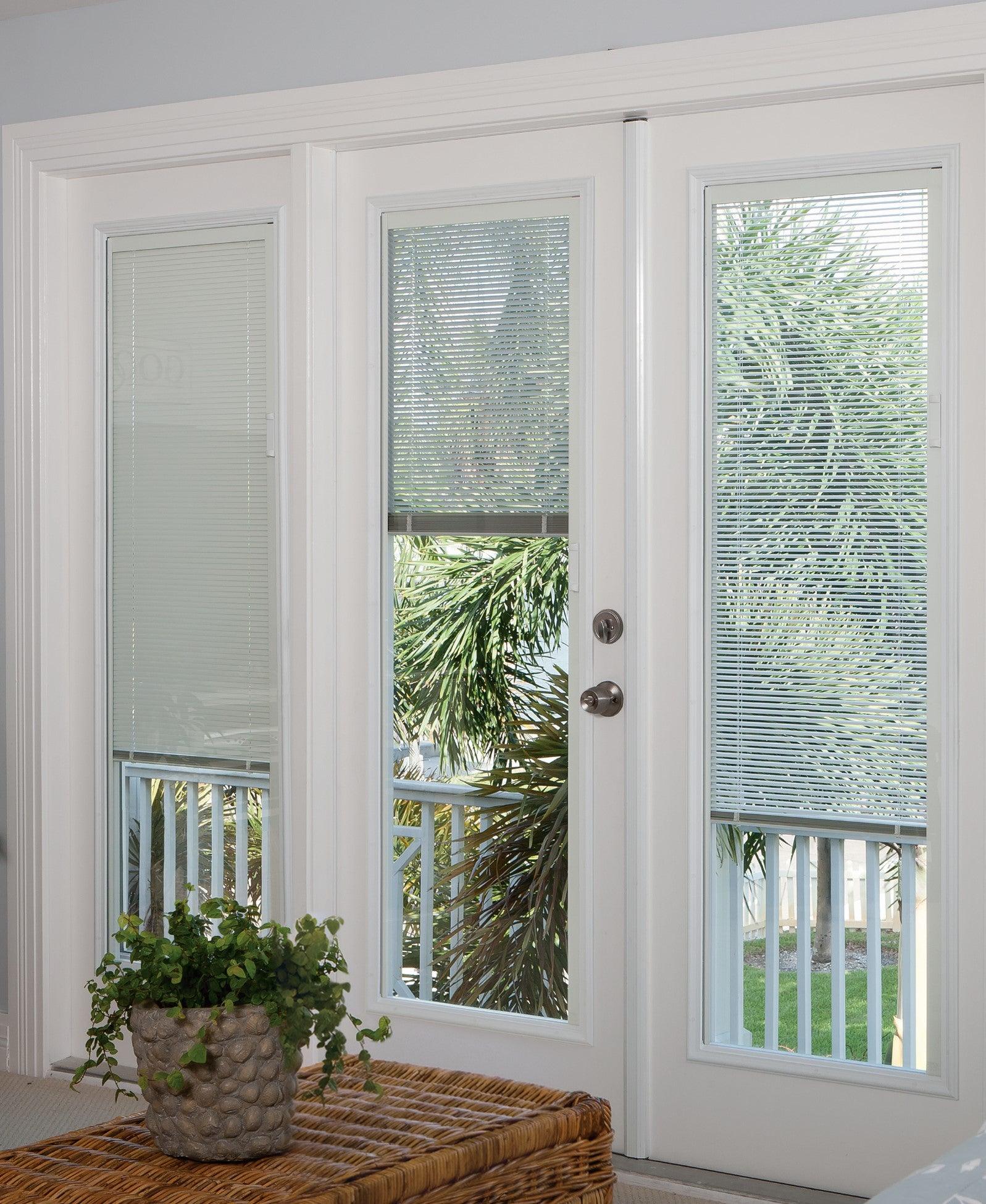 White French doors with built-in blinds, tropical plants visible outside, indoor potted plant