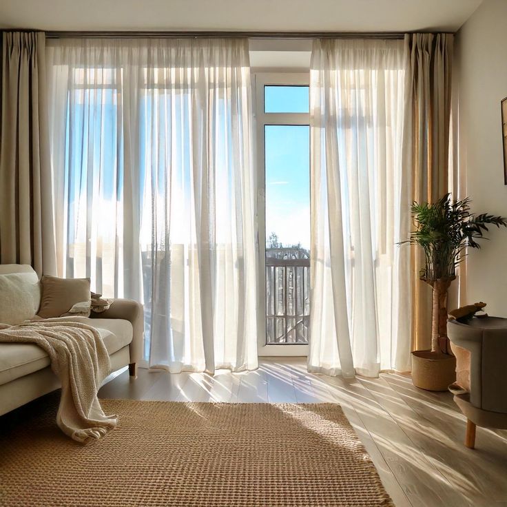 Elegant curtains &amp; linens in a cozy, modern bedroom interior