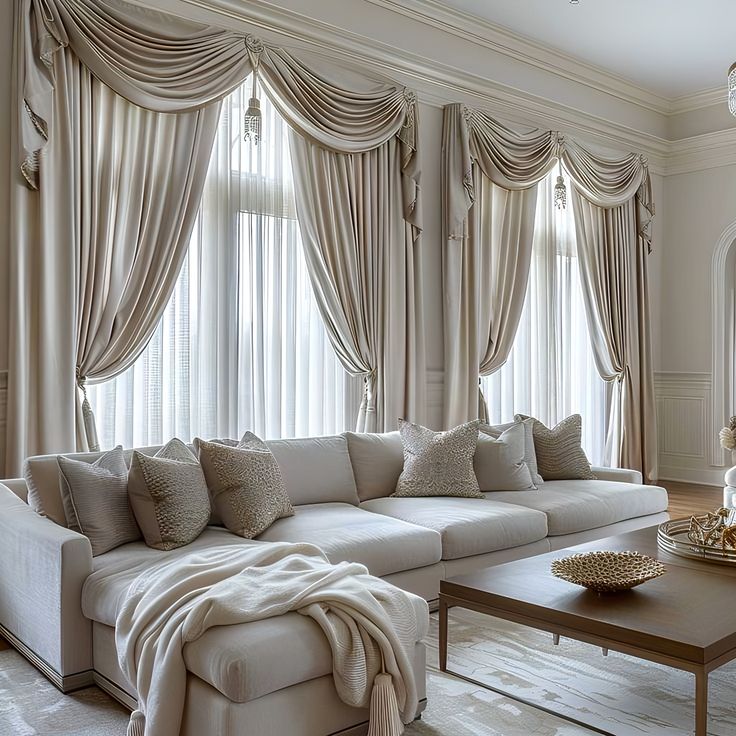 Elegant living room with beige blackout curtains, sectional sofa, and large windows