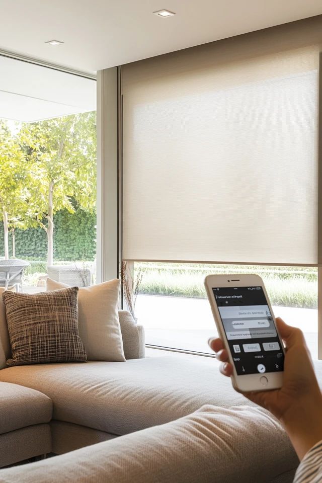 Modern living room with motorized roller blinds controlled by smartphone, large windows, and light sofa.