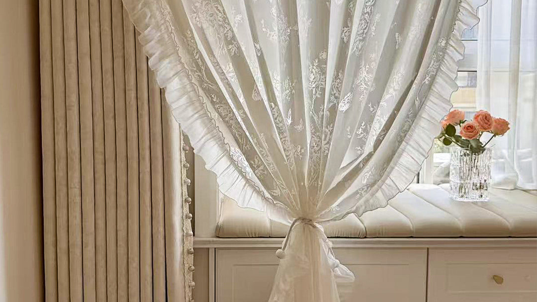 Sheer lace curtain with ruffled trim, beige blackout curtain, flowers on window bench