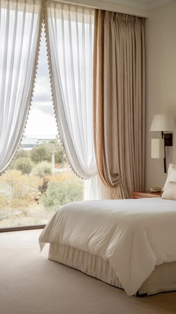 Beige blackout curtains and sheer drapes in a modern bedroom with large window and neutral decor.