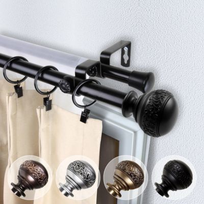 Decorative curtain rod with ornate finials, rings, and cream curtain, shown in multiple finishes