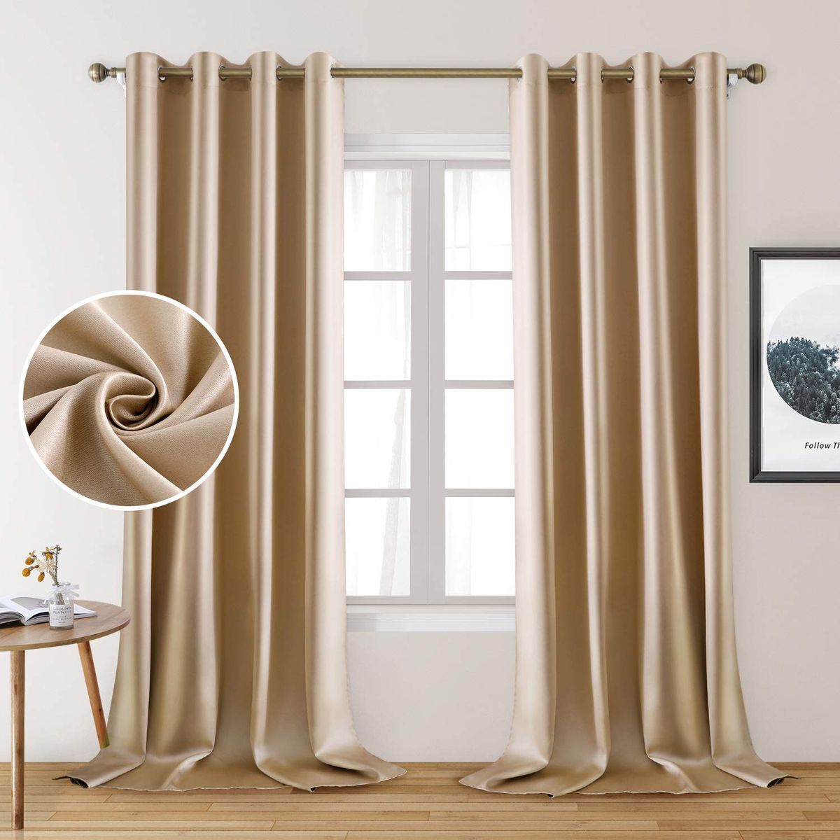 Beige blackout thermal curtains in modern living room, close-up of smooth fabric texture