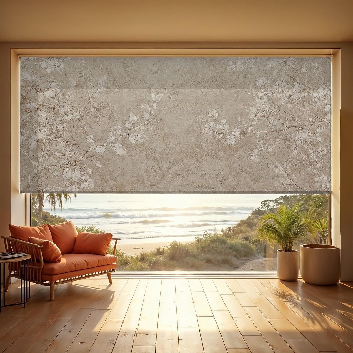 Living room with floral-patterned blackout curtain, ocean view, and rattan sofa at sunrise