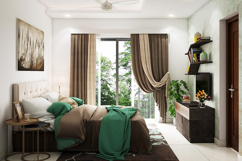 Modern bedroom with floor-to-ceiling blackout curtains, double bed, and large window view.