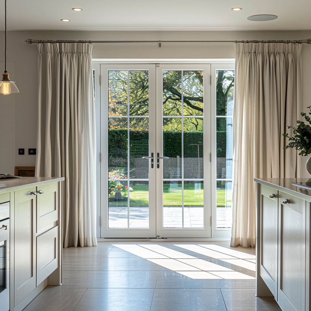 Bright kitchen with large French doors, beige blackout curtains, and garden view