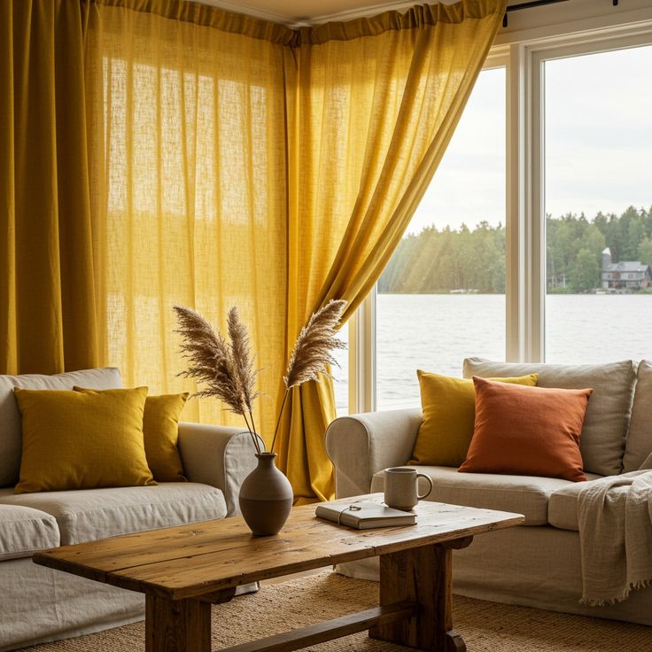 vibrant yellow curtains brightening up a sunlit living room with modern furniture