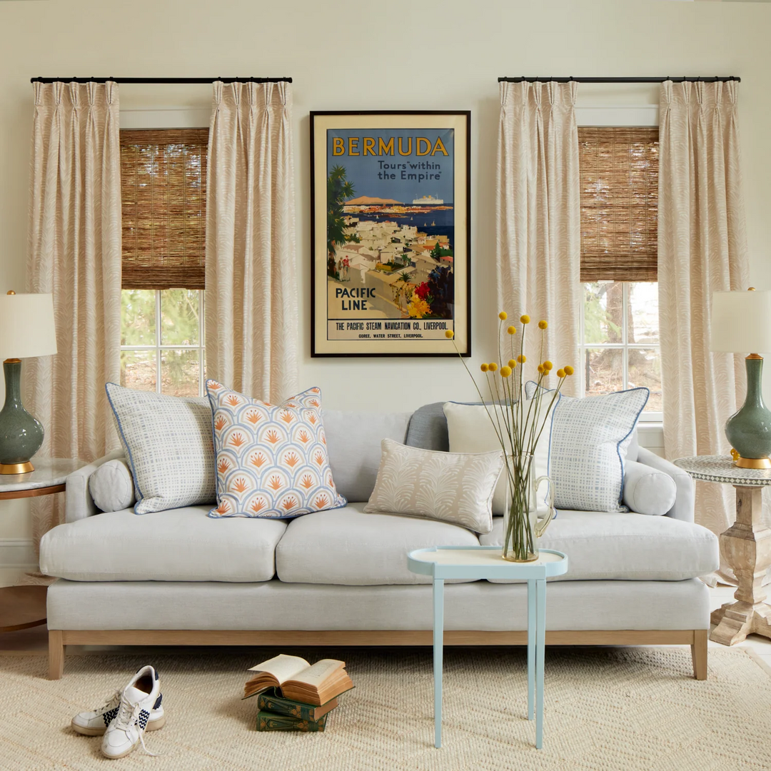 modern living room featuring bold stripe curtains in neutral tones