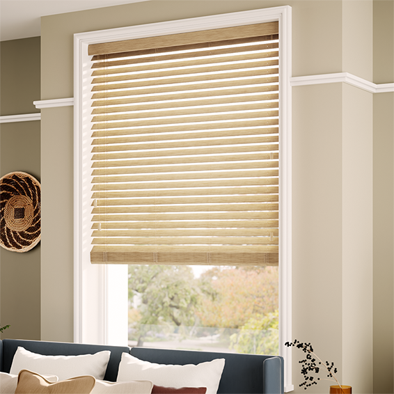 Natural bamboo window blinds in a sunlit modern living room interior