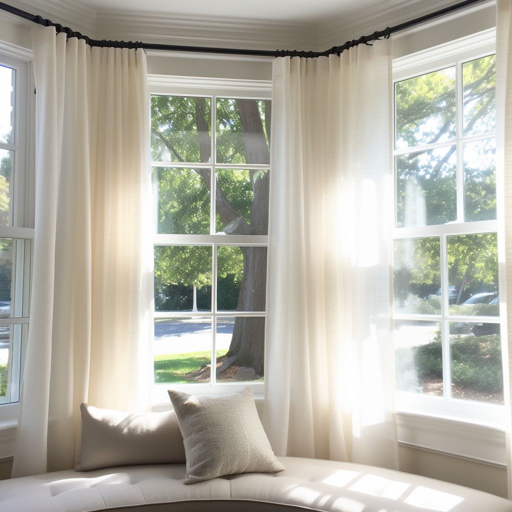 Bright bay window with sheer white blackout curtains and a cushioned window seat.