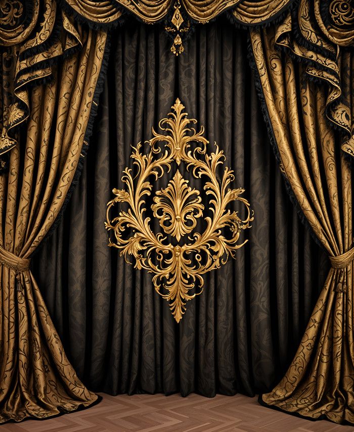 Elegant living room with black and gold curtains framing large windows