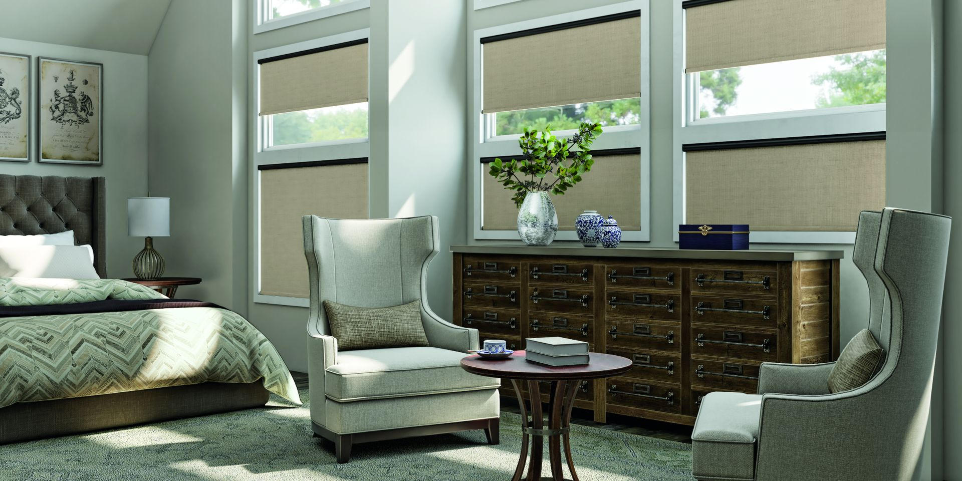 light filtering shades diffusing sunlight in a cozy living room