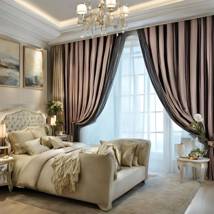 Elegant bedroom with luxurious blackout curtains, tufted bed, chandelier, and classic decor