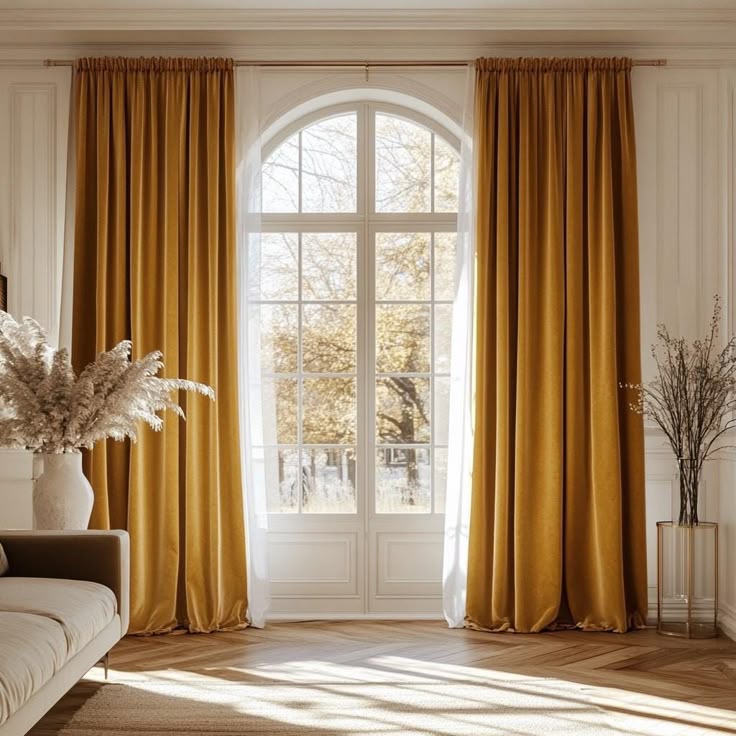 bright living room with soft yellow colour curtains and modern furniture giving a sunny and cozy vibe