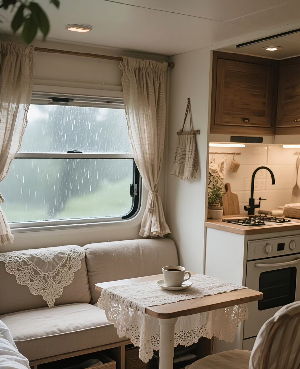Cozy RV interior with beige blackout curtains, sofa, and small kitchen on a rainy day