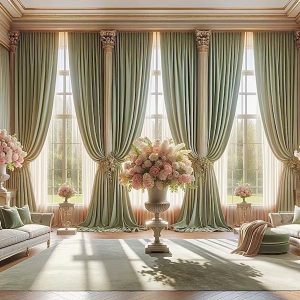 Elegant living room with floor-to-ceiling green blackout curtains, large windows, and floral décor
