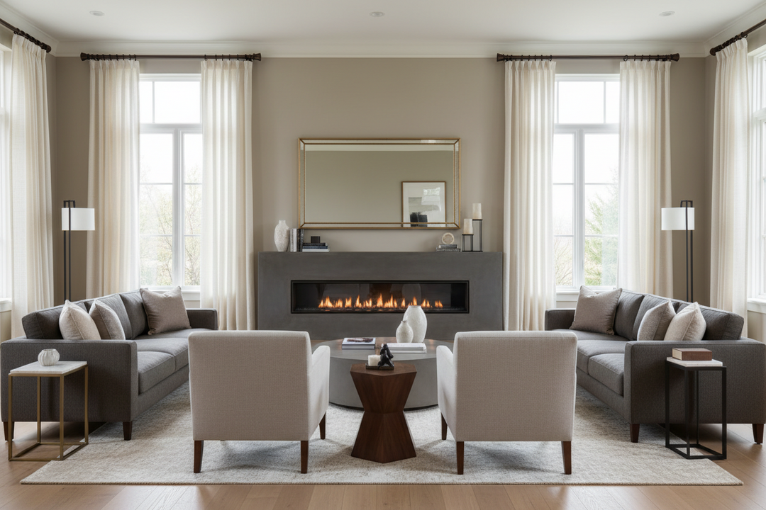 Modern living room with floor-to-ceiling beige blackout curtains, minimalist sofas, and fireplace