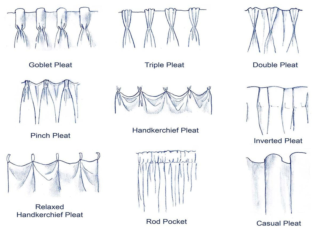 Illustration of nine curtain pleat styles: goblet, triple, double, pinch, handkerchief, inverted, relaxed handkerchief, rod pocket, and casual pleat.