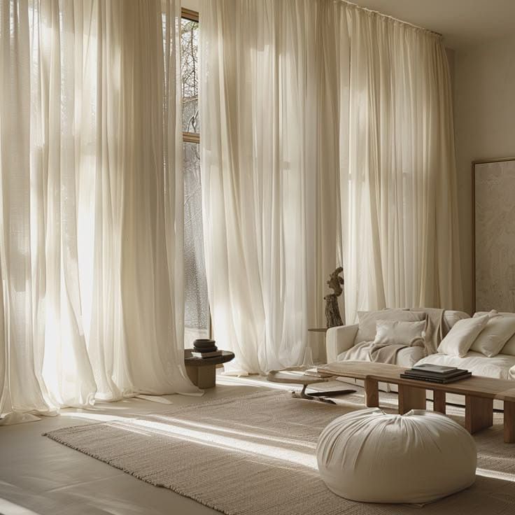 Bright living room with sheer white curtains, modern sofa, and natural light streaming in