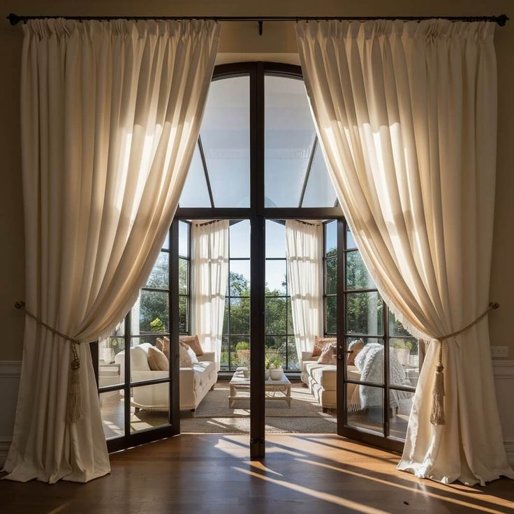 Elegant cream blackout curtains on large windows, framing a bright modern living room.