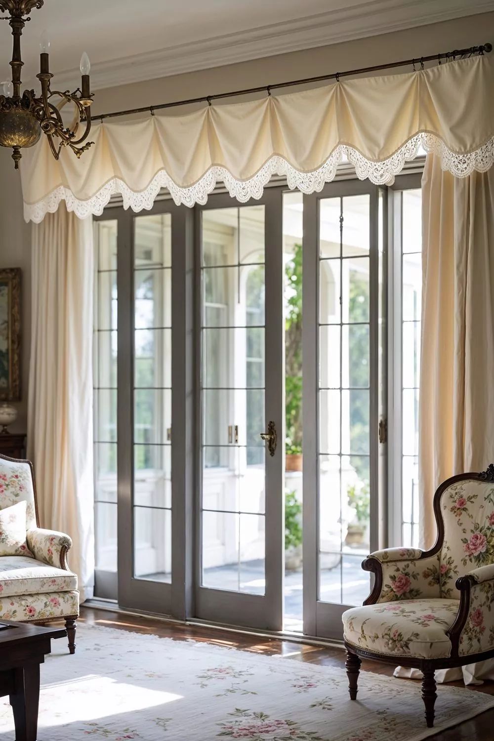 Elegant cream curtains with lace valance on tall glass French doors in a vintage living room