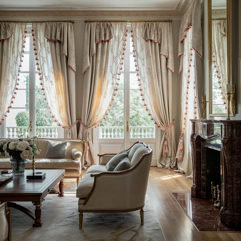 Elegant living room with large French windows, ornate curtain tracks, and light drapes with tassels.